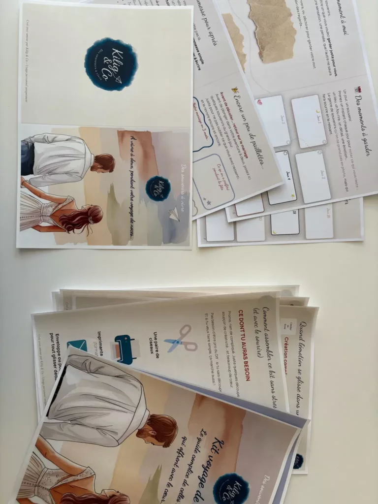 Le Kit imprimé oùu l'on voit la couverture, un homme et une femme de dos et quelques page d'activités
