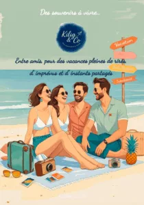Couverture du kit Vacances entre amis illustrant 4 amis sur la plage entourés d'objets de vacances (valises, photos, lunettes...)