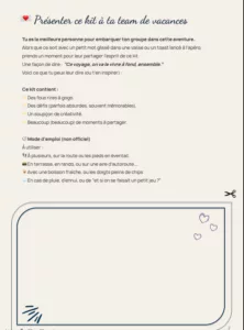 Exemple de page du guide complice, on y voit des conseils pour présenter le kit à ses amis