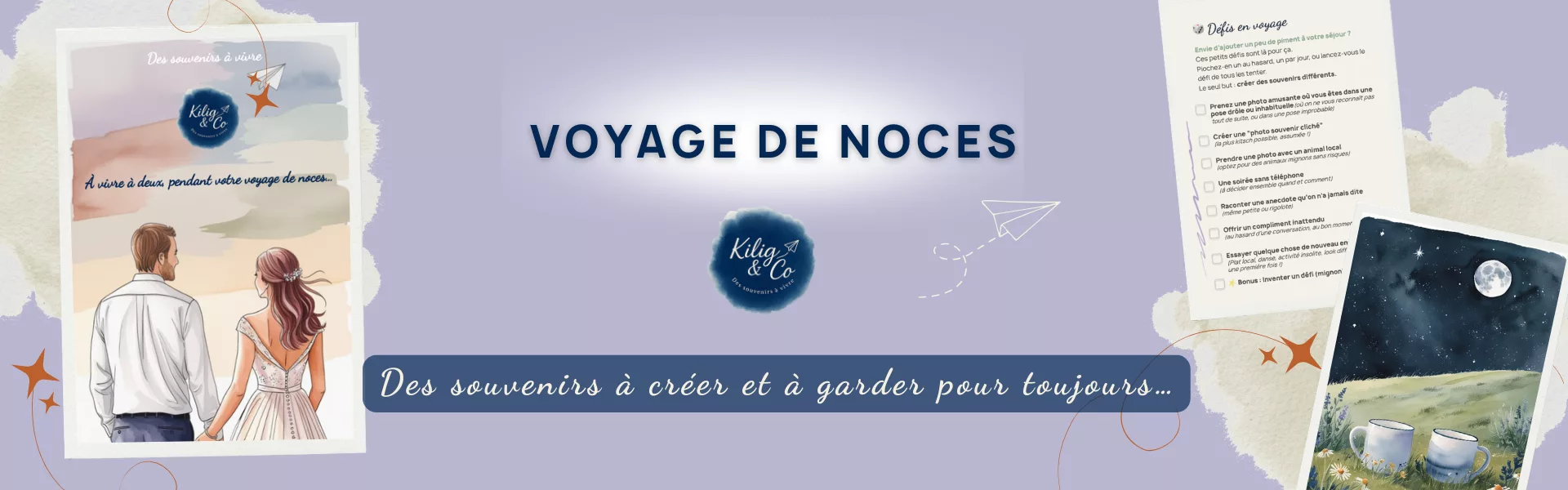 Banniere du Kit Voyage de Noces avec visuel de la couverture du kit, 1 activité et 1 image d'ambiance