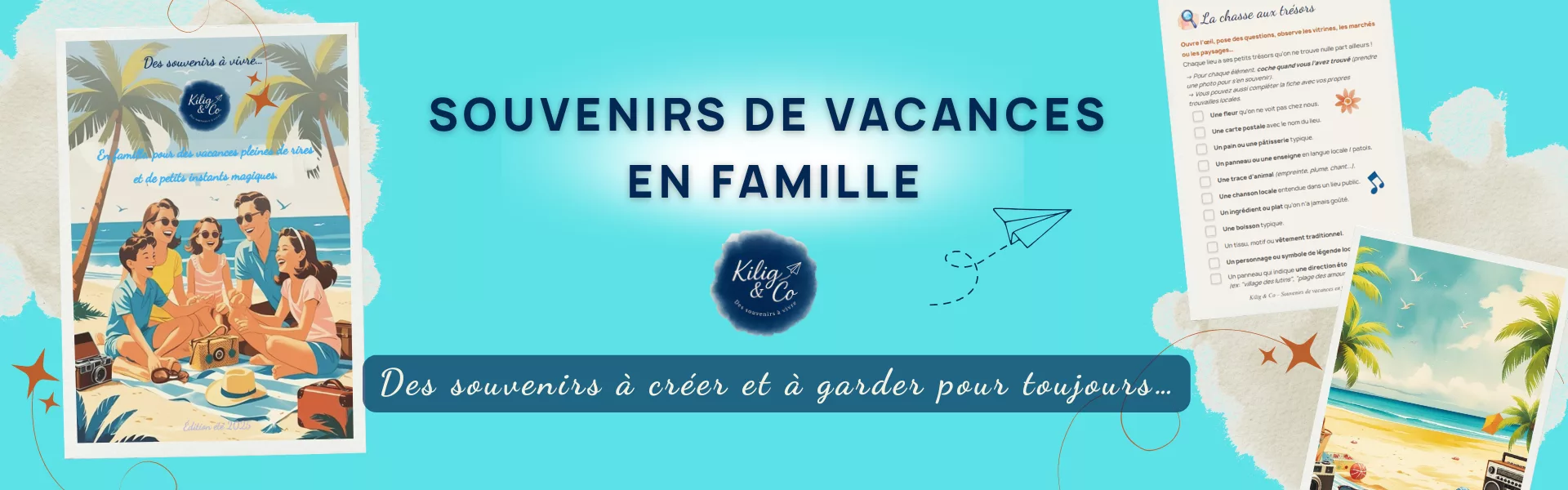 Visuel présentant le Kit Vacances en Famille. On y voit la couverture du kit ainsi qu'une page de jeux.