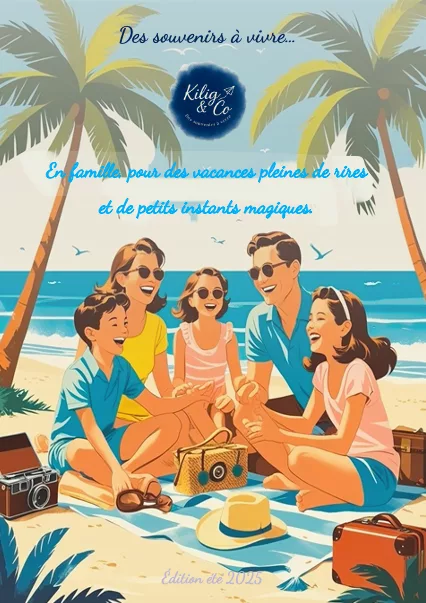 La couverture du Kit Vacances en Famille. Une famille composée de 5 personne, sur la plage, entourée d'objets de vacances type appareil photo; serviette...