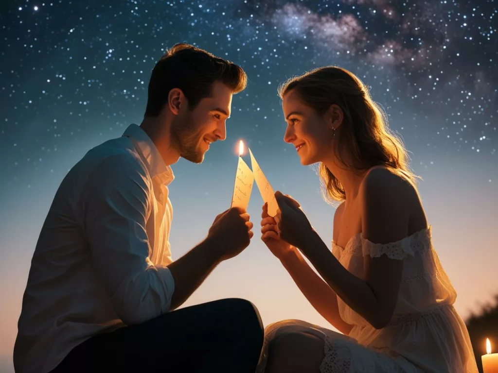 Un couple avec un fond nuit avec des étoiles, chacun avec un mot dans la main.