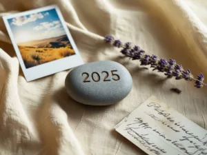 Un galet avec la date 2025 posé sur un drap clair a coté d'une photo polaroid et un brin de lavande
