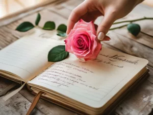 a hand holding a pink rose over a book